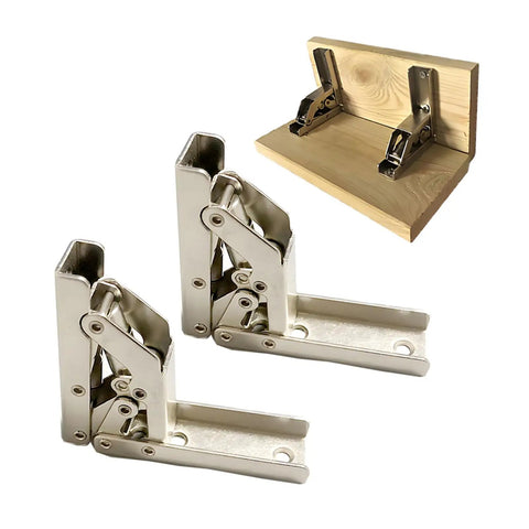 10 Piece 90 Degree Folding Hidden Hinge Brackets for tables and cabinets, heavy duty cold rolled steel hardware, shown with wood support
