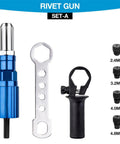 Cordless Drill Rivet Adapter Kit With Metal Head shown with attachments and size options, pop rivet tool for quick changeovers.