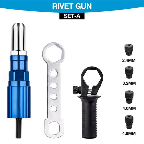 Cordless Drill Rivet Adapter Kit With Metal Head shown with attachments and size options, pop rivet tool for quick changeovers.