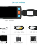 Grab And Go Handheld Digital Video Magnifier With TV AV Output 4X To 32X Zoom 5 Inch Screen with accessories displayed