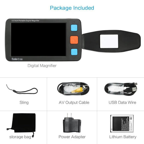 Grab And Go Handheld Digital Video Magnifier With TV AV Output 4X To 32X Zoom 5 Inch Screen with accessories displayed