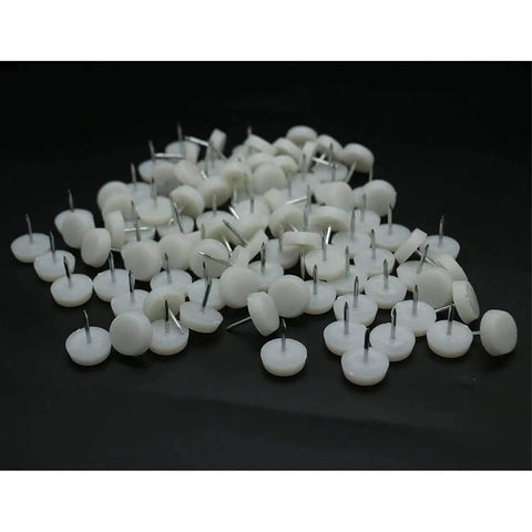 Heavy Duty White Nylon Furniture Sliders Nail On Chair Leg Protectors Floor Glide Pads With Bulletproof Grip Silky Smooth Glide Scratch Shield Table Guards 30 Pack, 29mm wide pads with steel spikes.