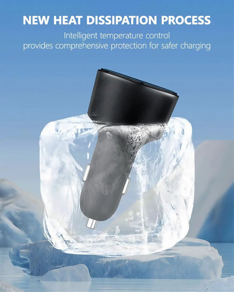 Top Shelf 200W Usb C Car Charger Featuring Dual 100W PD Ports For Super Fast Laptop And Phone Charging Includes Two Heavy Duty Usb C Cables For Your Daily Grind in ice showing heat dissipation.