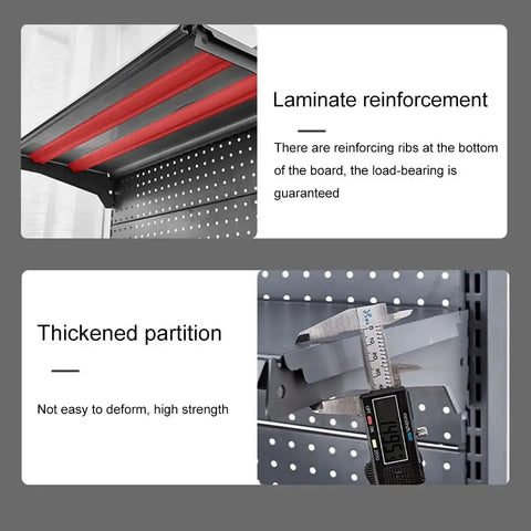 Close-up of Hardcore Heavy Duty Double Sided Metal Shelving Unit showing laminate reinforcement and thickened partition for stability.