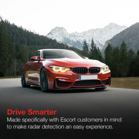 Red sports car driving on mountain road with text promoting SmartCord Coiled Power Cable For Radar Detectors Compatible With Redline 360c.