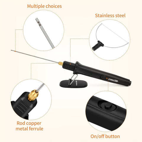 Front view: Cooltop hot-wire foam cutter kit, black handheld carving tool on stand with interchangeable stainless steel wire