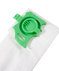 Close-up of 12 Pack Vacuum Bags For Windsor Axcess Uprights 12 Inch 15 Inch And Sebo Felix 1 2 Premium 4 Kombi Replacement green connector