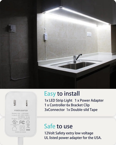 Motion Sensor LED Light Strip Kit With UL FCC Plug Adapter, Dimmer And Timer installed under kitchen cabinets