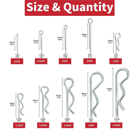 Various sizes of rust-proof stainless cotter pins from the 558-Piece Cotter Pin And R-Pin Kit, showing length and diameter.