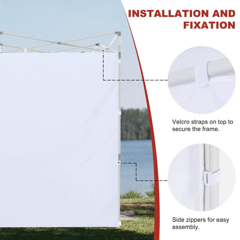 Installation view of Sidewall For 10x10 Pop Up Canopy Tent, Waterproof 300D Polyester With PU Coating, 86x120 inches, showing Velcro straps.