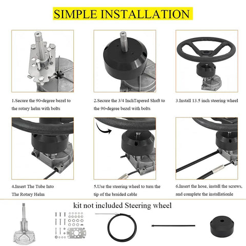 Installation steps for Rock Solid 3/4 Inch Tapered Shaft Steering System Kit With 10Ft Steering Cable, showing steering components.