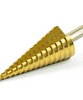 Knockout HSS Steel Step Drill Bits Set Makes Quick Work Of Thin Metal Wood And Plastic Heavy Duty Cone Hole Cutters With Precision Center Punch Included For Fast Garage Jobs, showcasing a single HSS step drill bit.