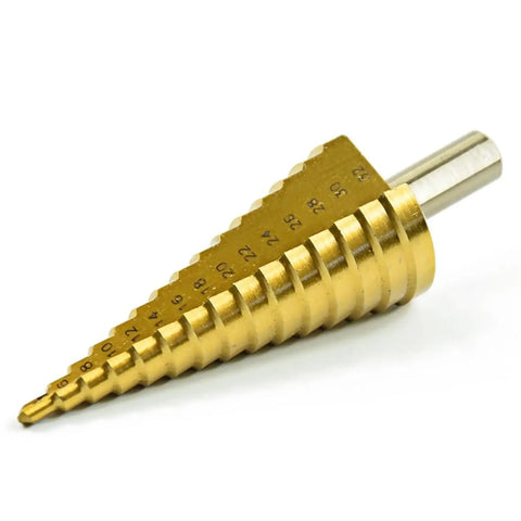 Knockout HSS Steel Step Drill Bits Set Makes Quick Work Of Thin Metal Wood And Plastic Heavy Duty Cone Hole Cutters With Precision Center Punch Included For Fast Garage Jobs, showcasing a single HSS step drill bit.