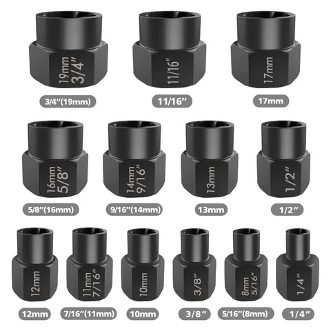 Boss 13-Piece Bolt Extractor Set For Stripped Nuts And Bolts, showing 13 black 41Cr chrome steel extractors with sizes labeled