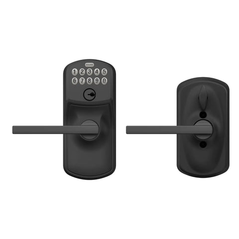 Front and back view of Plymouth Keypad Lock With Lever Handle Electronic Keyless Door Entry Flex Lock Auto Lock Option Matte Black.