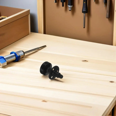 Beefy Adjustable Furniture Leveling Feet for Tables and Chairs, 4 Pack, shown on wooden table in workshop