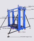 Heavy Duty Electric Lifting Cart And Rock Solid Mobile Work Platform Featuring No Fuss Remote Control Built From Thick Reinforced Steel. Side view showcasing protective railings and steel wire rope.