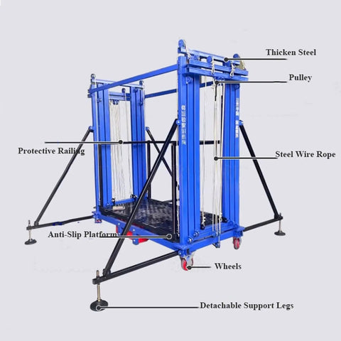 Heavy Duty Electric Lifting Cart And Rock Solid Mobile Work Platform Featuring No Fuss Remote Control Built From Thick Reinforced Steel. Side view showcasing protective railings and steel wire rope.