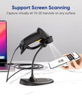 Handheld 2D Barcode Scanner With Gooseneck Stand USB Wired QR Code Reader For PC POS System scanning a smartphone screen