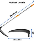 20 Inch Scythe Tool For Grass Cutting With Adjustable Dual Hand Grip, 61-Inch Reach, shown with measurements and blade details.