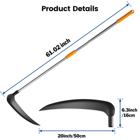 20 Inch Scythe Tool For Grass Cutting With Adjustable Dual Hand Grip, 61-Inch Reach, shown with measurements and blade details.