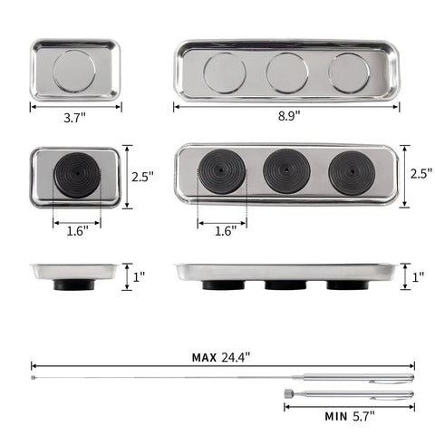 Magnetic Tray Set With 5 Lb Telescoping Magnetic Pickup Tool Includes One 8.9 Inch By 2.5 Inch Rectangle Tray And Two 3.7 Inch By 2.5 Inch Trays Pro Grade Heavy Duty Stainless Steel Magnetic Bowls For Screws Nuts And Small Parts For Mechanics., stainless steel trays and 5 lb pickup tool with size labels