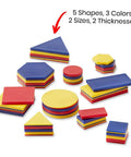 Plastic Attribute Blocks Geometry Set for Preschoolers and Toddlers showing 5 shapes, 3 colors, 2 sizes, on a white background.