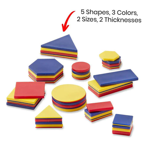 Plastic Attribute Blocks Geometry Set for Preschoolers and Toddlers showing 5 shapes, 3 colors, 2 sizes, on a white background.