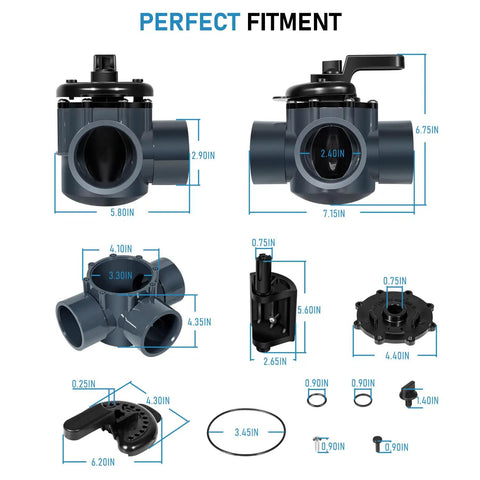 Dimensions of 2 Inch 3 Way Diverter Valve for Ground Pool and Spa Systems Replace Part 263028 3 Port Valve With Flexible Flow Control