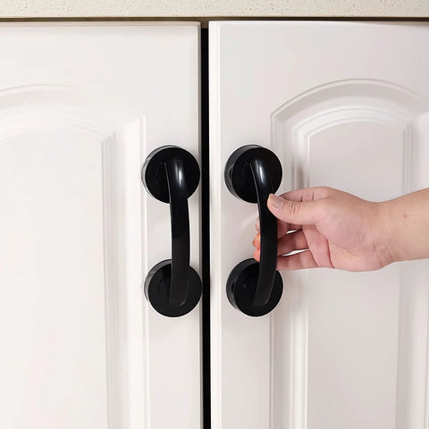 Black Suction Cup Glass Door And Window Handle on white kitchen cabinets