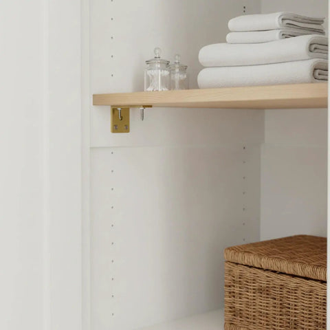 L Shaped Shelf Bracket With Wall Mount Corner Support for kitchen cabinet holding a wooden shelf and towels, stainless steel, sturdy