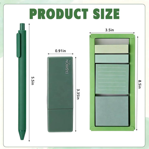 Dimensions of the Green Aesthetic Desk Stationery Set With Six Retractable Black Ink Pens 1.0mm Six Correction Tapes And Green Sticky Notes