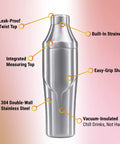 Boss Level Heavy Duty Double Wall Vacuum Insulated Cocktail Shaker Bottle with leak-proof twist top and integrated measuring lid.