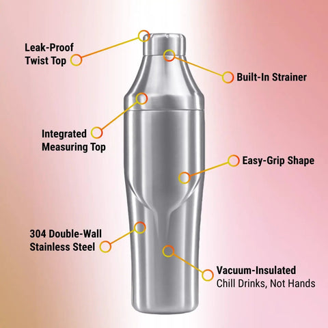 Boss Level Heavy Duty Double Wall Vacuum Insulated Cocktail Shaker Bottle with leak-proof twist top and integrated measuring lid.
