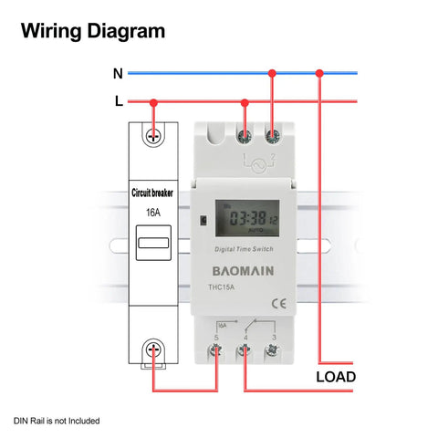 Wiring diagram for Digital Programmable Timer Switch 110V AC 16A SPDT Relay Weekly Scheduling Timer For Home And Light Industrial Use Auto On Off Easy Install Durable Relay Module For Lights Fans Pumps And Appliances on DIN rail