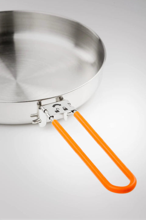 Stainless One Person Mess Kit For Camping And Backpacking with orange handle, lightweight durable dinnerware set, glacier grade stainless.