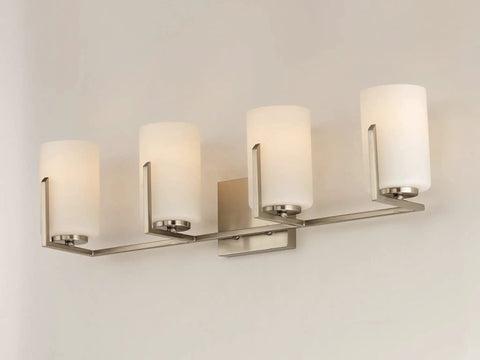 Dart 4 Light Bath Vanity Fixture In Satin Nickel Steel Finish With Satin White Glass Shades Modern Indoor Light For Bathrooms