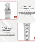 Front view of CZMOONSEE stainless steel double‑sided taper gauge with inch/metric scales; close-up 10–14 mm region.