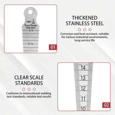Front view of CZMOONSEE stainless steel double‑sided taper gauge with inch/metric scales; close-up 10–14 mm region.