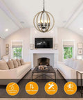 Six Light Orb Wood Chandelier With Rustic Oak Globe Frame Vintage Farmhouse Style Ceiling Light in elegant living room