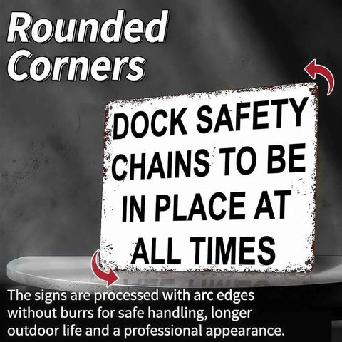 Heavy Duty Aluminum Dock Safety Chain Sign 12X8 Inch Rustproof Metal Warning Plate with rounded corners for safety.