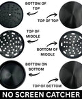 4-inch zinc herb grinder parts diagram showing top, middle, bottom sections and no screen catcher.