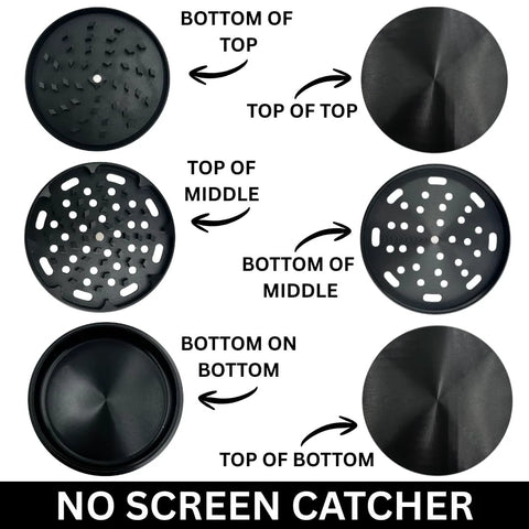 4-inch zinc herb grinder parts diagram showing top, middle, bottom sections and no screen catcher.