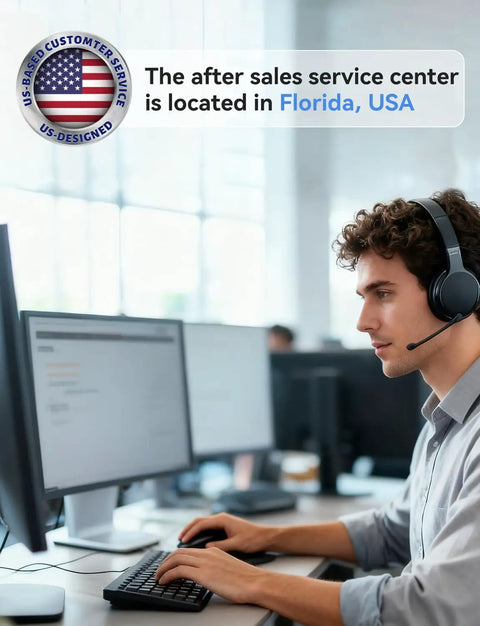 Customer service representative using a computer with headset in US-based service center, Florida, USA.