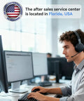 Customer service representative with headset at a computer in a modern office, text indicating after-sales service center in Florida, USA.