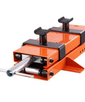 Beefy 1100 Lbs Motorcycle Lift Center Scissor Jack with saddle and safety pin, heavy duty steel hoist stand for street bikes and cruisers.