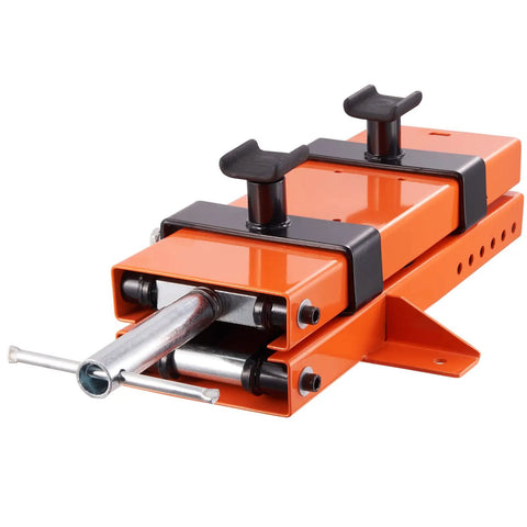 Beefy 1100 Lbs Motorcycle Lift Center Scissor Jack with saddle and safety pin, heavy duty steel hoist stand for street bikes and cruisers.