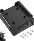 Tab Lock Quick Mount Base for Downriggers with screws, black durable marine mounting bracket for easy installation.