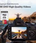 Back view of a camera displaying a vibrant landscape photo, Gigastone 128GB Micro SDXC Memory Card shown beside, ideal for 4K videos.