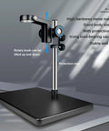 Digital Microscope With Large Stable Base Stand For Detailed Inspections, showing metal stand and rotary knob for adjustment.